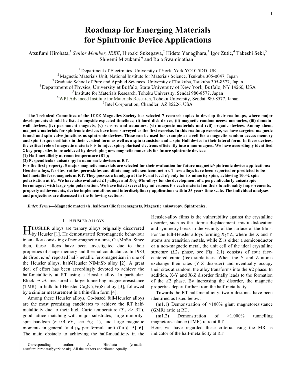 Roadmap for Emerging Materials for Spintronic Device Applications