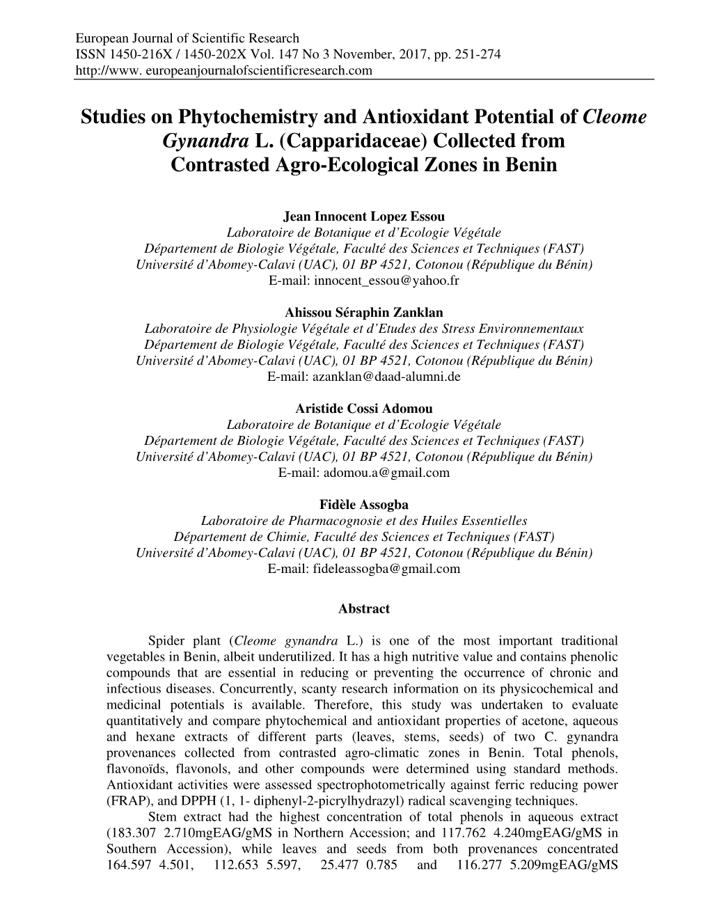 Studies on Phytochemistry and Antioxidant Potential of Cleome Gynandra L