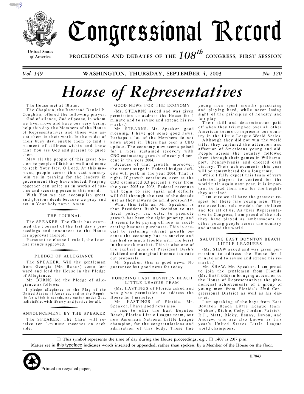 Congressional Record United States Th of America PROCEEDINGS and DEBATES of the 108 CONGRESS, FIRST SESSION