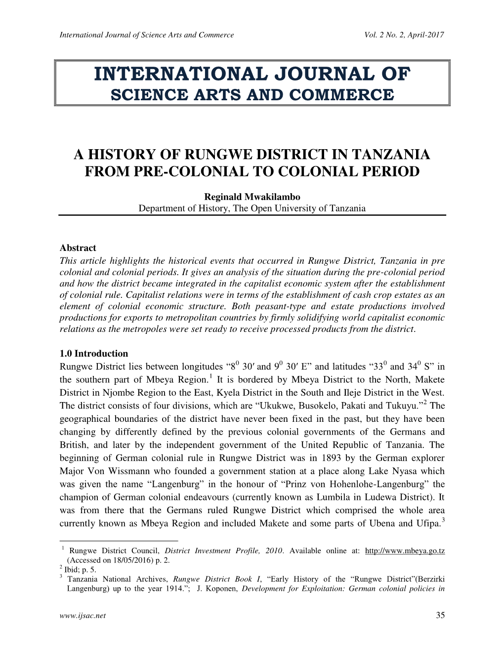 International Journal of Science Arts and Commerce a History of Rungwe