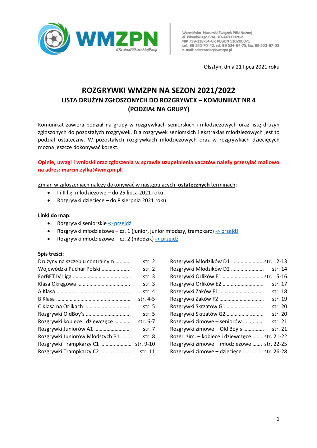 Rozgrywki Wmzpn Na Sezon 2021/2022 Lista Drużyn Zgłoszonych Do Rozgrywek – Komunikat Nr 4 (Podział Na Grupy)