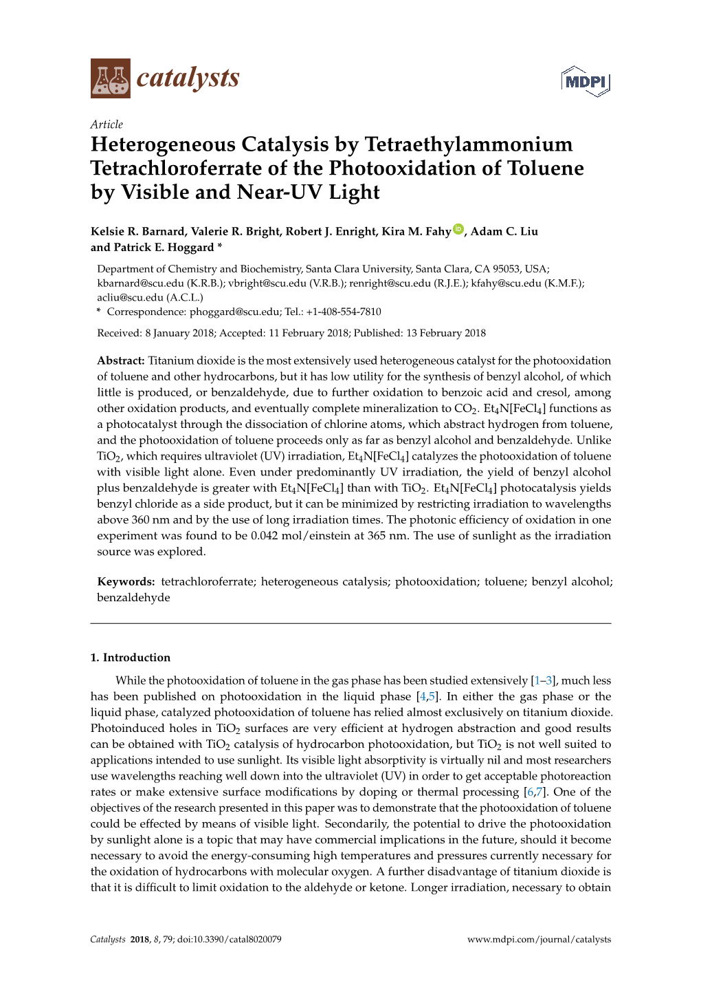 Heterogeneous Catalysis by Tetraethylammonium Tetrachloroferrate of the Photooxidation of Toluene by Visible and Near-UV Light