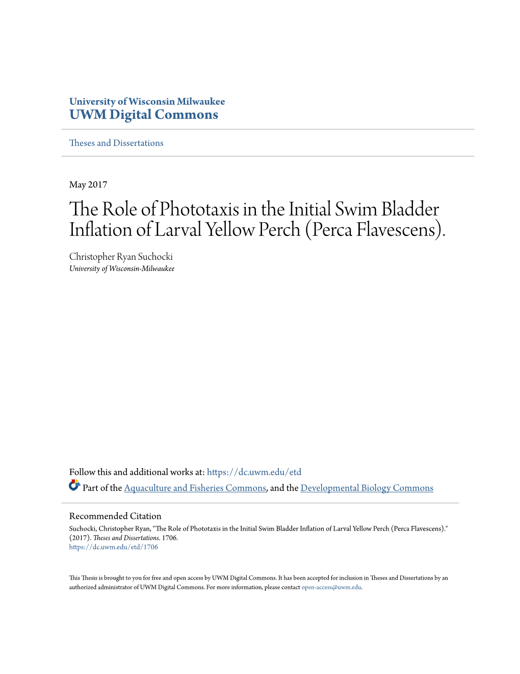 The Role of Phototaxis in the Initial Swim Bladder Inflation of Larval Yellow Perch (Perca Flavescens)