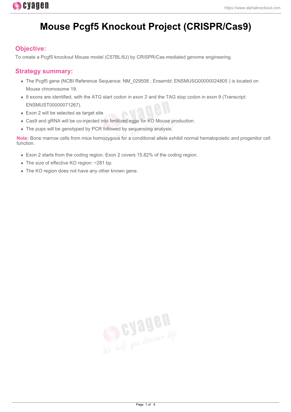 Mouse Pcgf5 Knockout Project (CRISPR/Cas9)