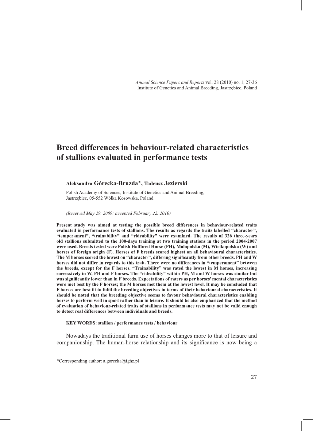 Breed Differences in Behaviour-Related Characteristics of Stallions Evaluated in Performance Tests