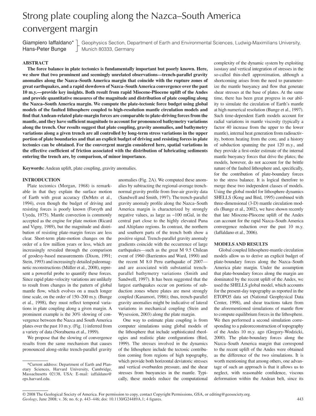 Strong Plate Coupling Along the Nazca–South America Convergent Margin