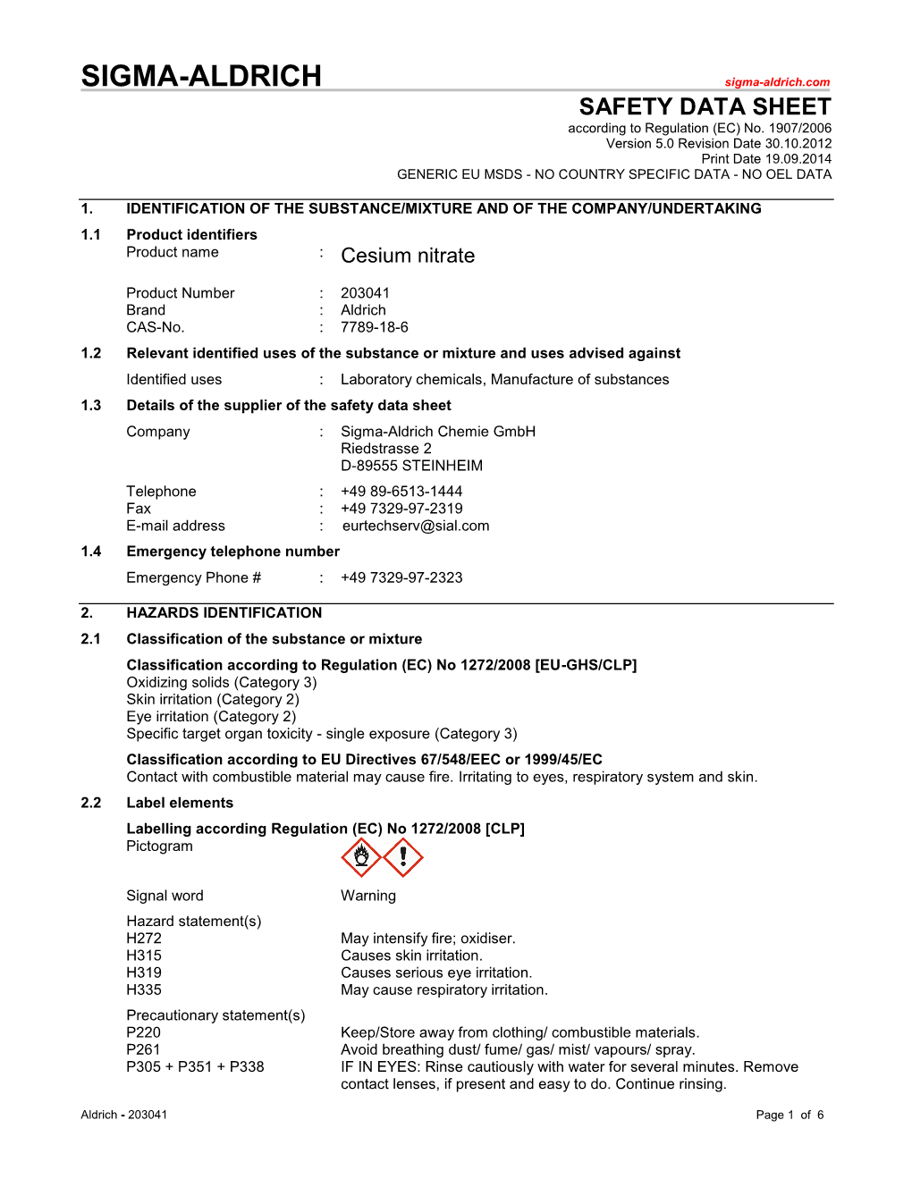 SAFETY DATA SHEET According to Regulation (EC) No