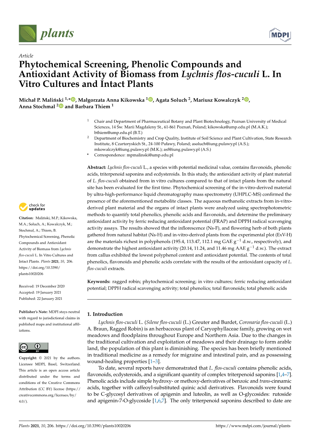 Phytochemical Screening, Phenolic Compounds and Antioxidant Activity of Biomass from Lychnis ﬂos-Cuculi L