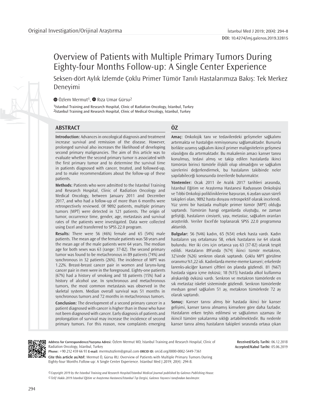 Overview of Patients with Multiple Primary Tumors During Eighty-Four