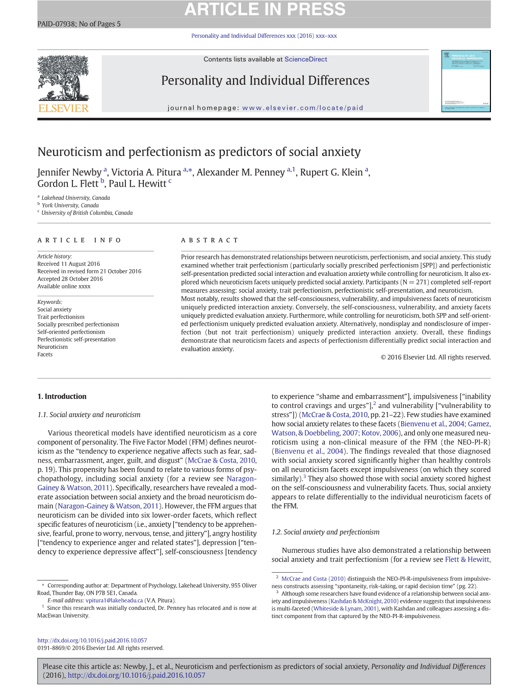 Neuroticism and Perfectionism As Predictors of Social Anxiety