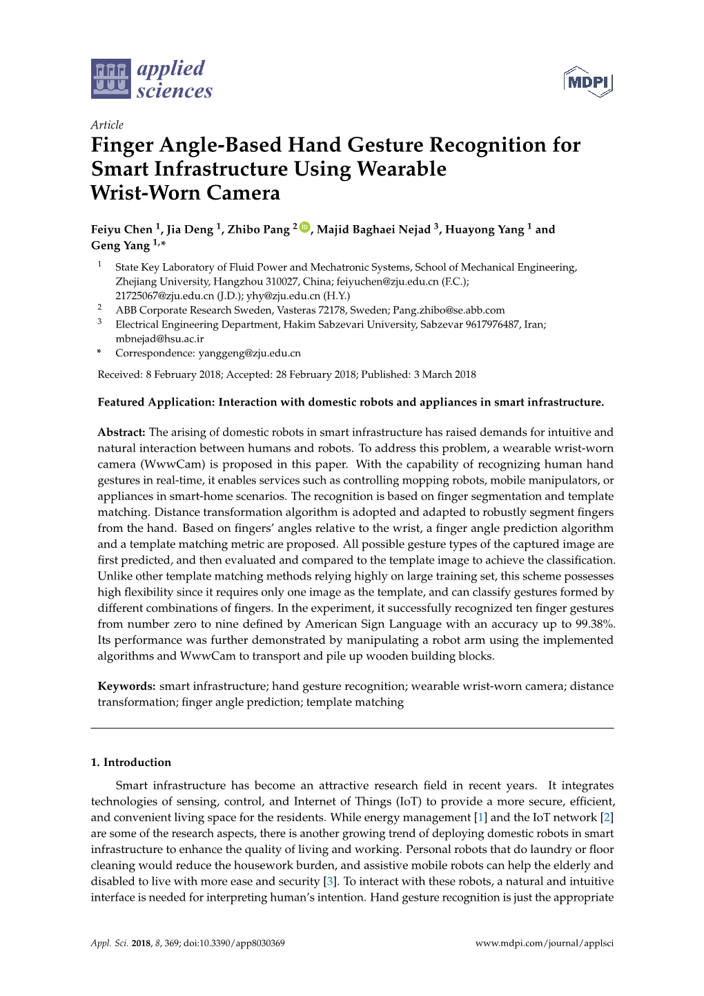 Finger Angle-Based Hand Gesture Recognition for Smart Infrastructure Using Wearable Wrist-Worn Camera