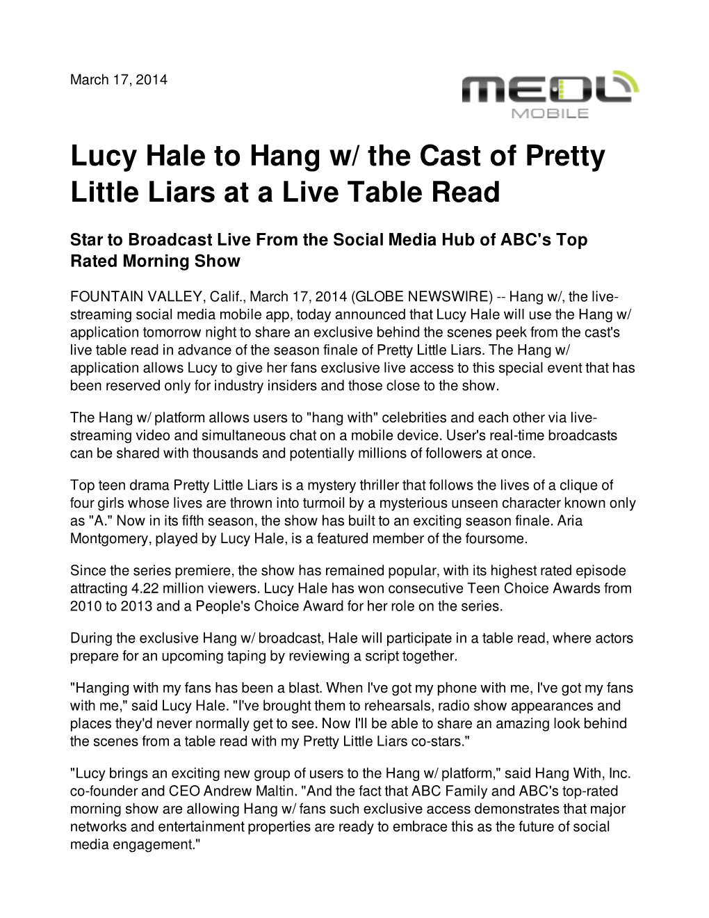 Lucy Hale to Hang W/ the Cast of Pretty Little Liars at a Live Table Read