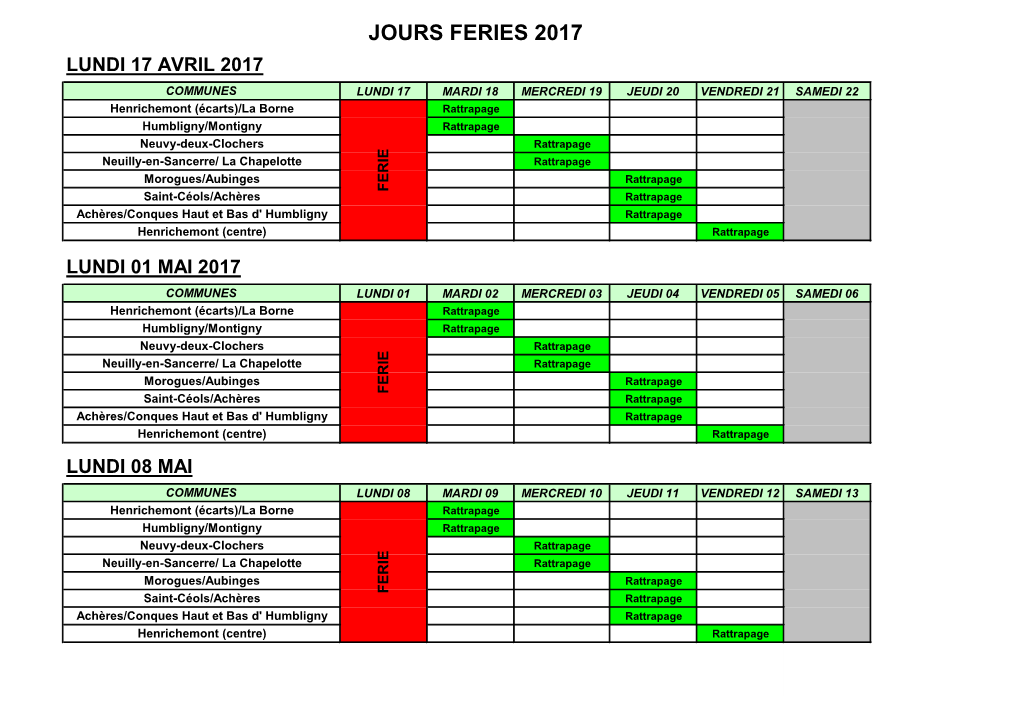 Jours Feries 2017