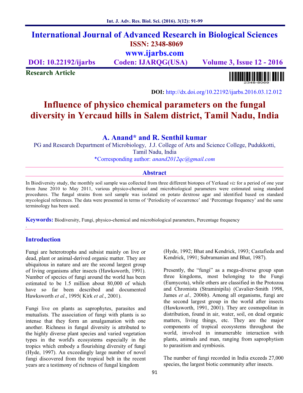 Influence of Physico Chemical Parameters on the Fungal Diversity in Yercaud Hills in Salem District, Tamil Nadu, India