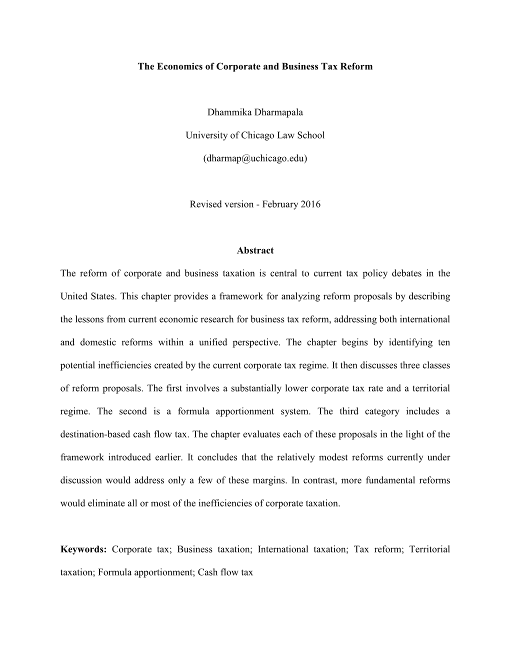 The Economics of Corporate and Business Tax Reform Dhammika