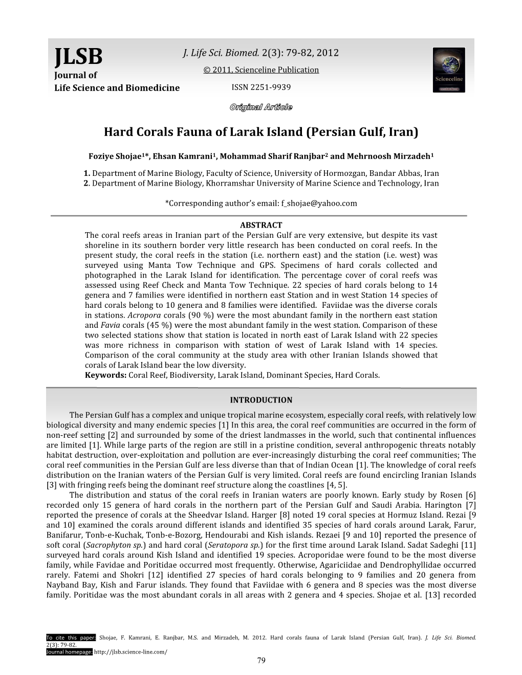 Hard Corals Fauna of Larak Island (Persian Gulf, Iran)