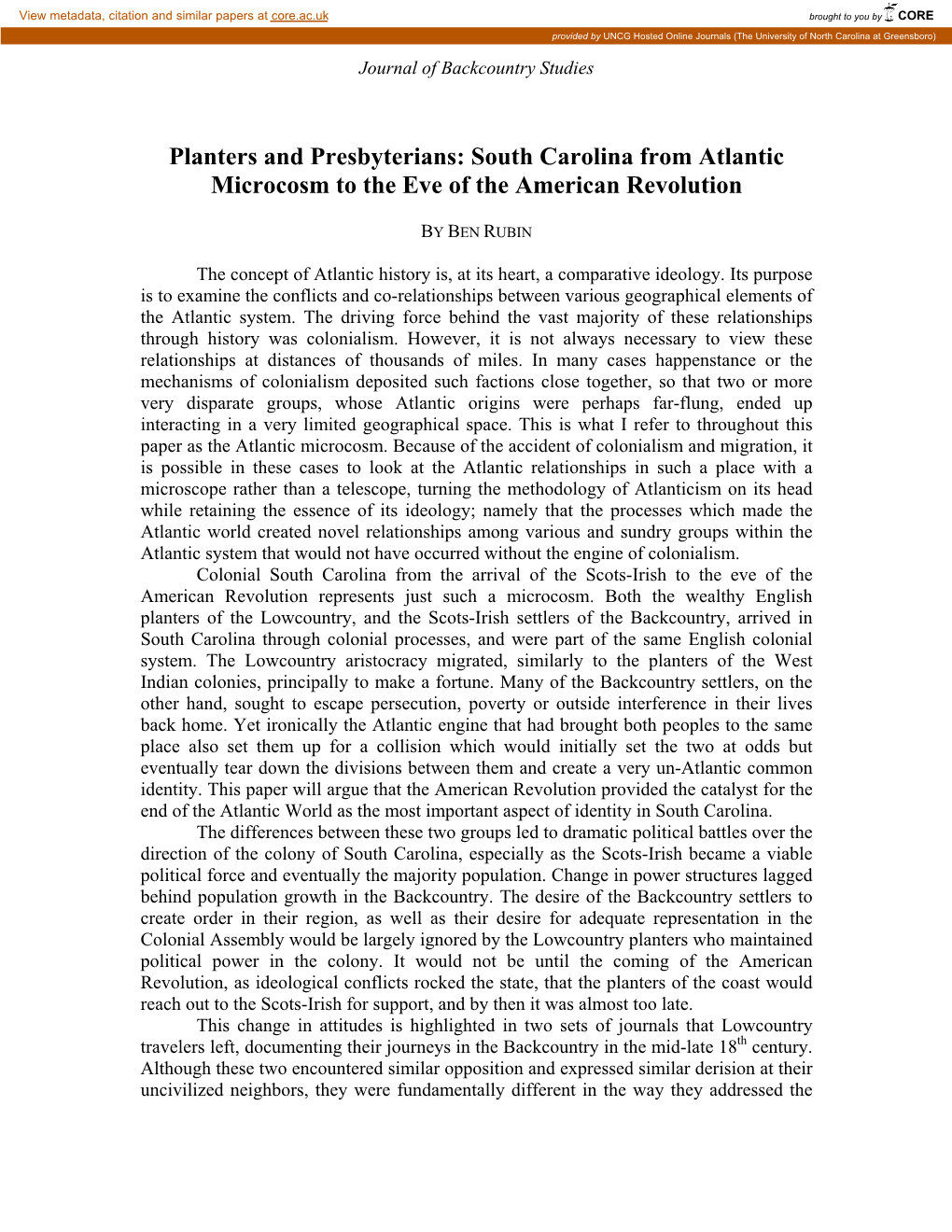 Planters and Presbyterians: South Carolina from Atlantic Microcosm to the Eve of the American Revolution