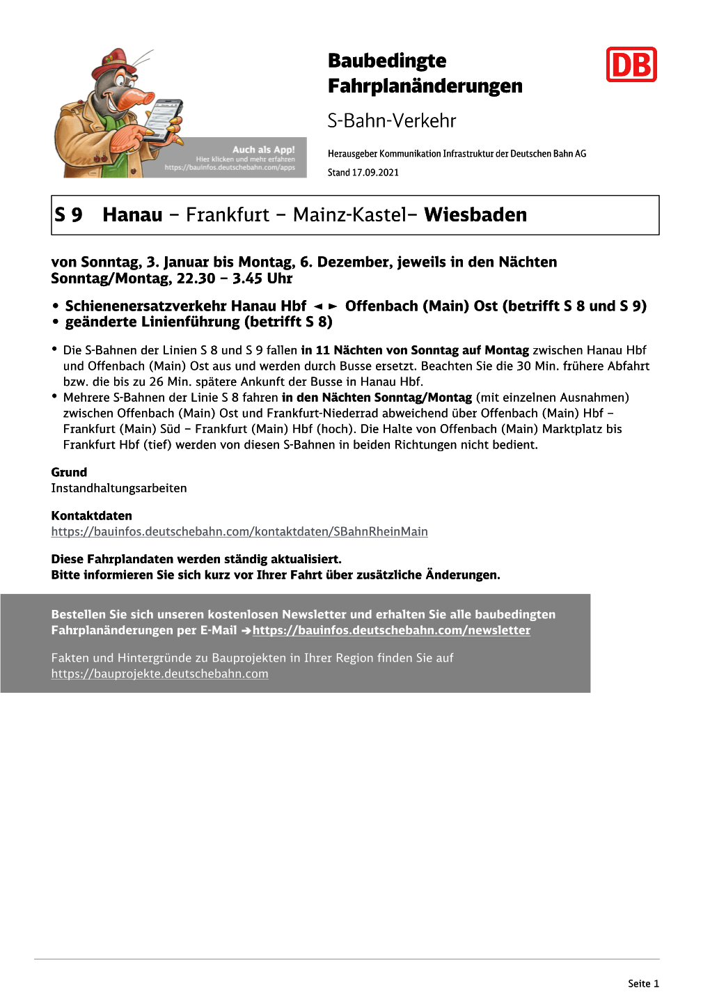 Baubedingte Fahrplanänderungen S-Bahn-Verkehr S 9 Hanau