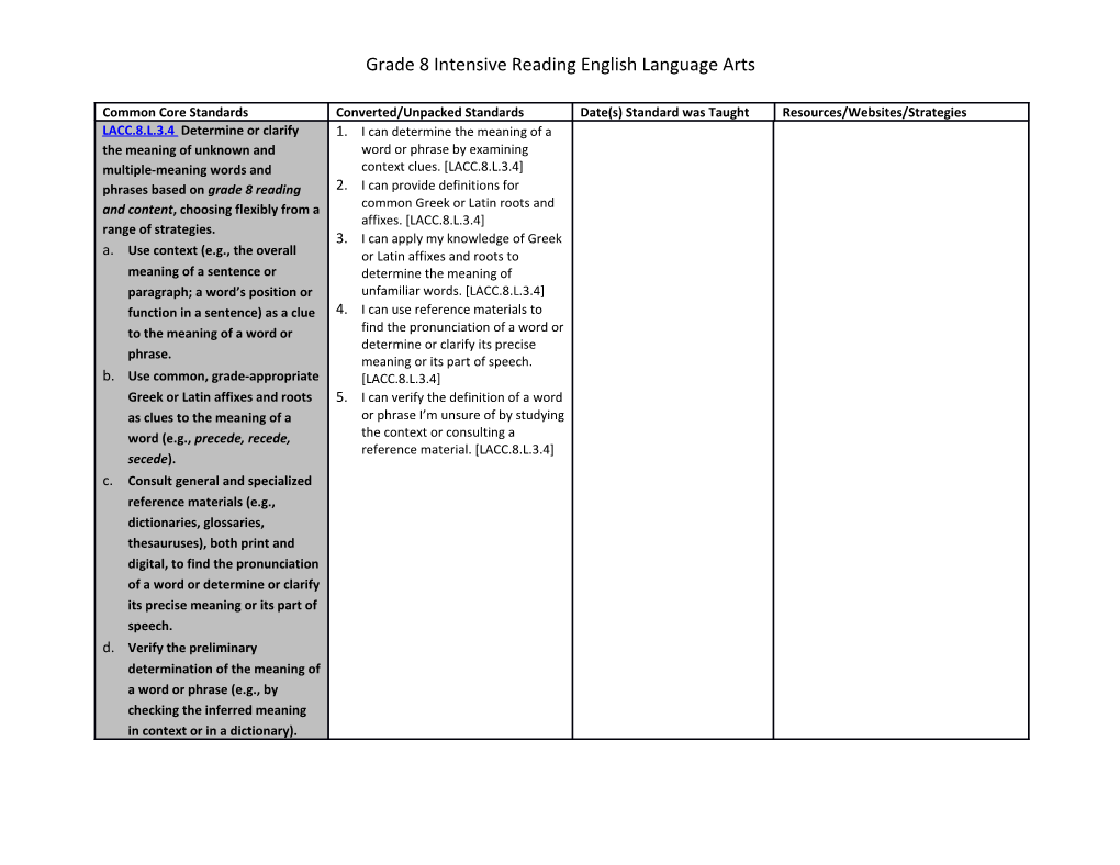 Grade 8 Intensive Reading English Language Arts