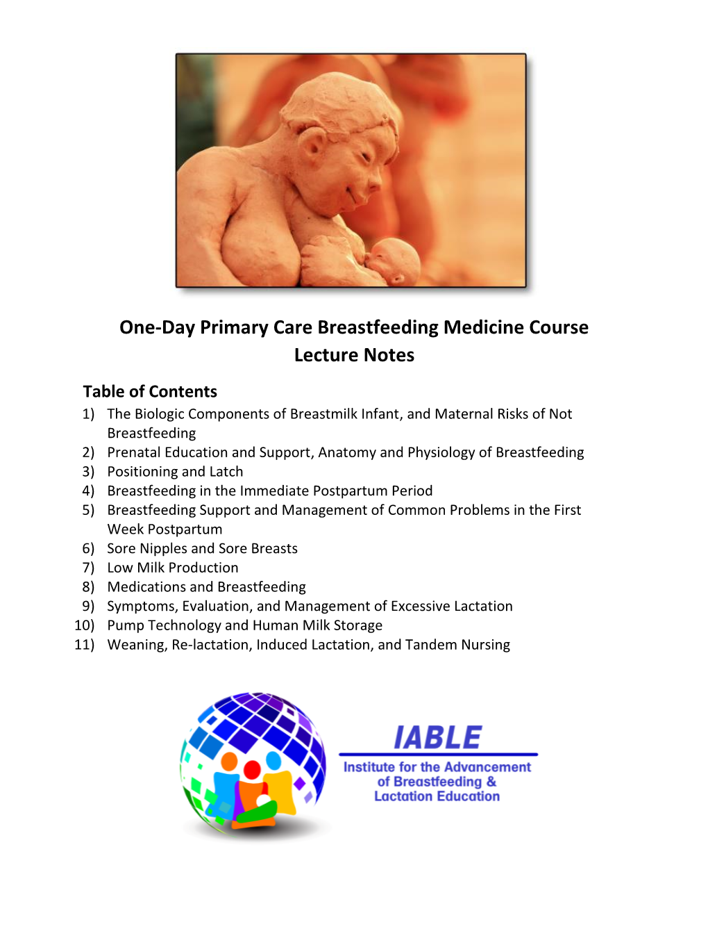 One-Day Primary Care Breastfeeding Medicine Course Lecture Notes