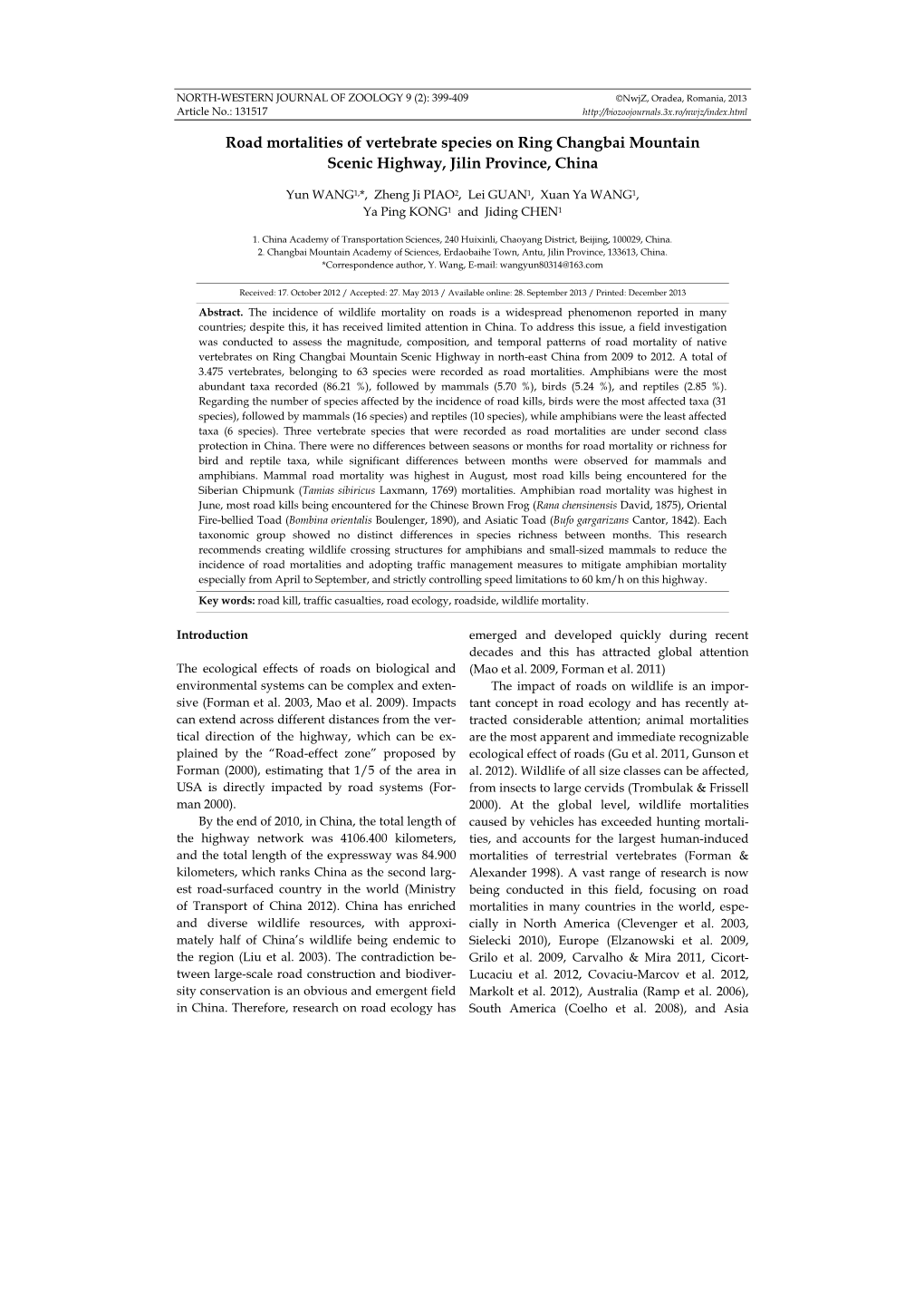 Road Mortalities of Vertebrate Species on Ring Changbai Mountain Scenic Highway, Jilin Province, China