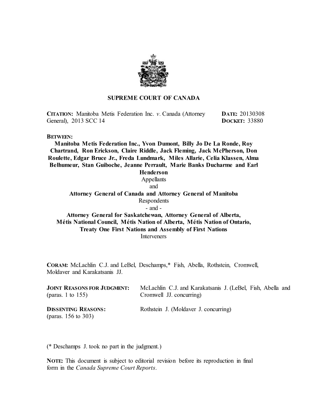 Manitoba Metis Federation Inc. V. Canada (Attorney General)