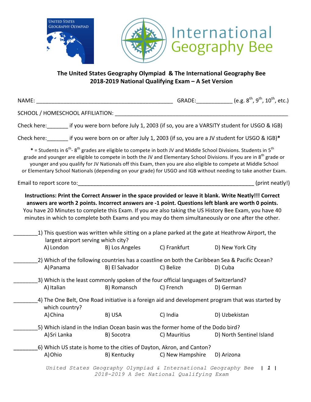 2019 National Qualifying Exam – a Set Version