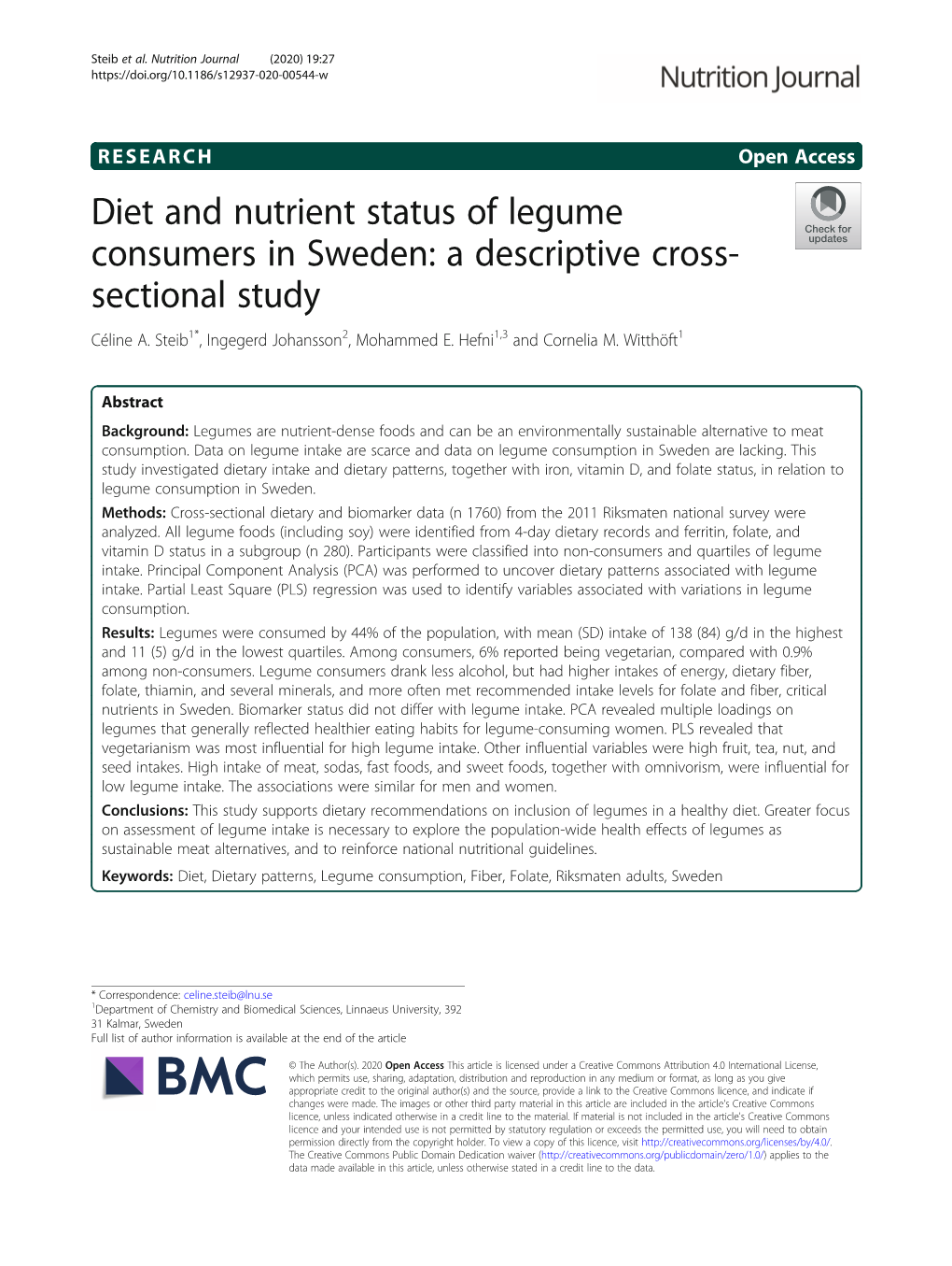 Diet and Nutrient Status of Legume Consumers in Sweden: a Descriptive Cross- Sectional Study Céline A