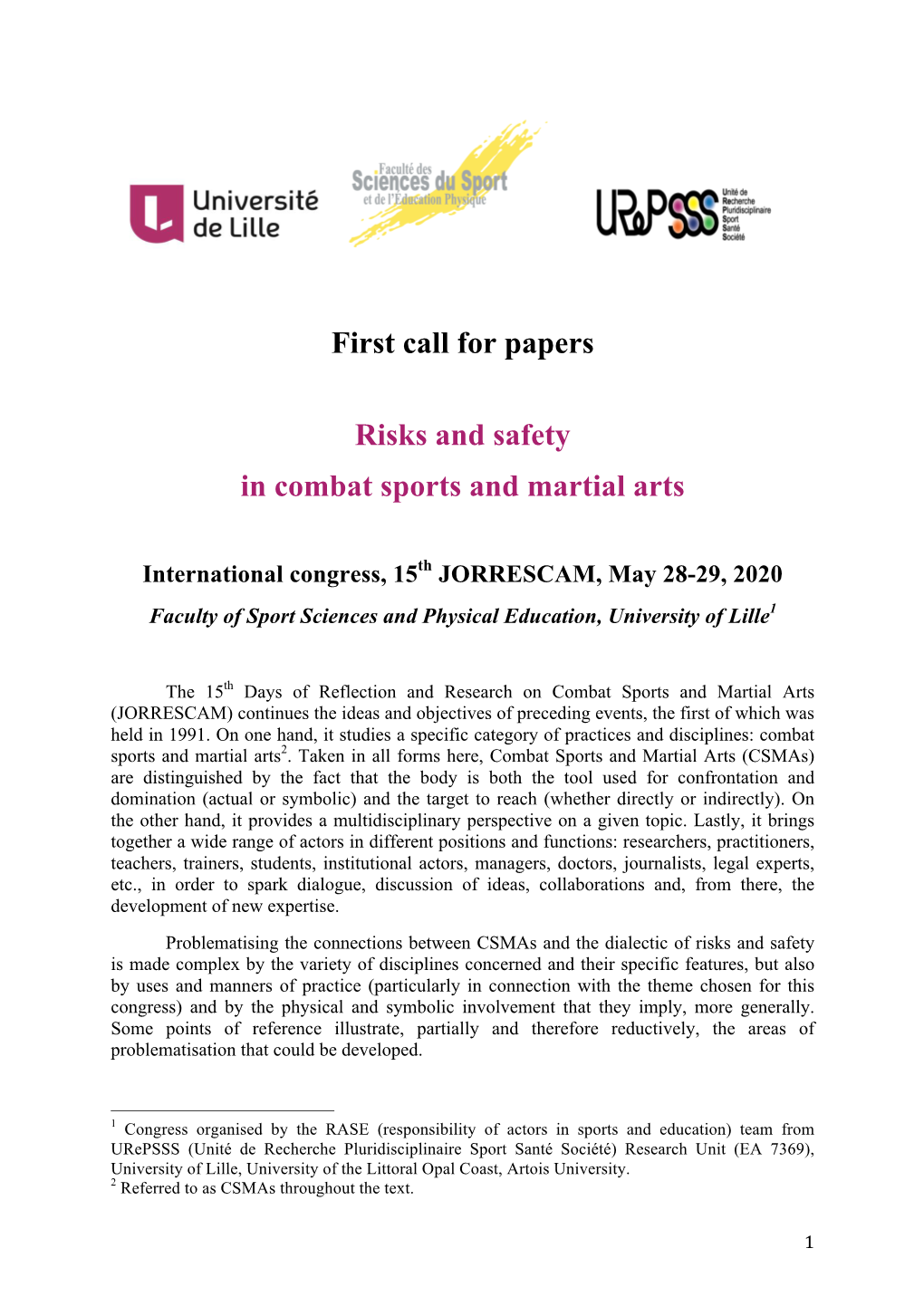 First Call for Papers Risks and Safety in Combat Sports and Martial Arts
