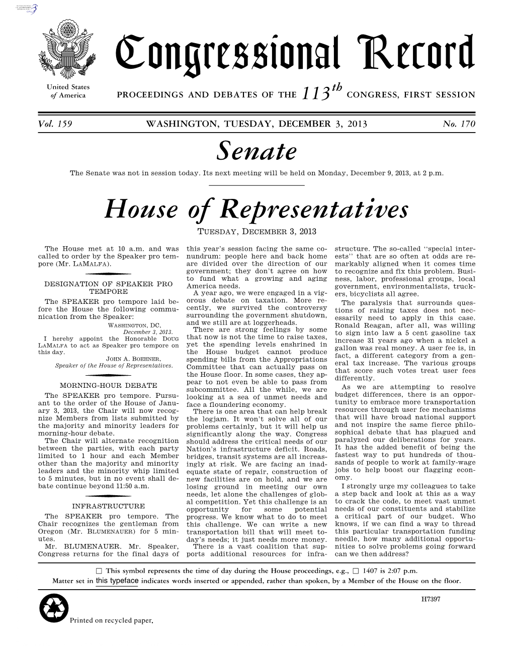 Congressional Record United States Th of America PROCEEDINGS and DEBATES of the 113 CONGRESS, FIRST SESSION