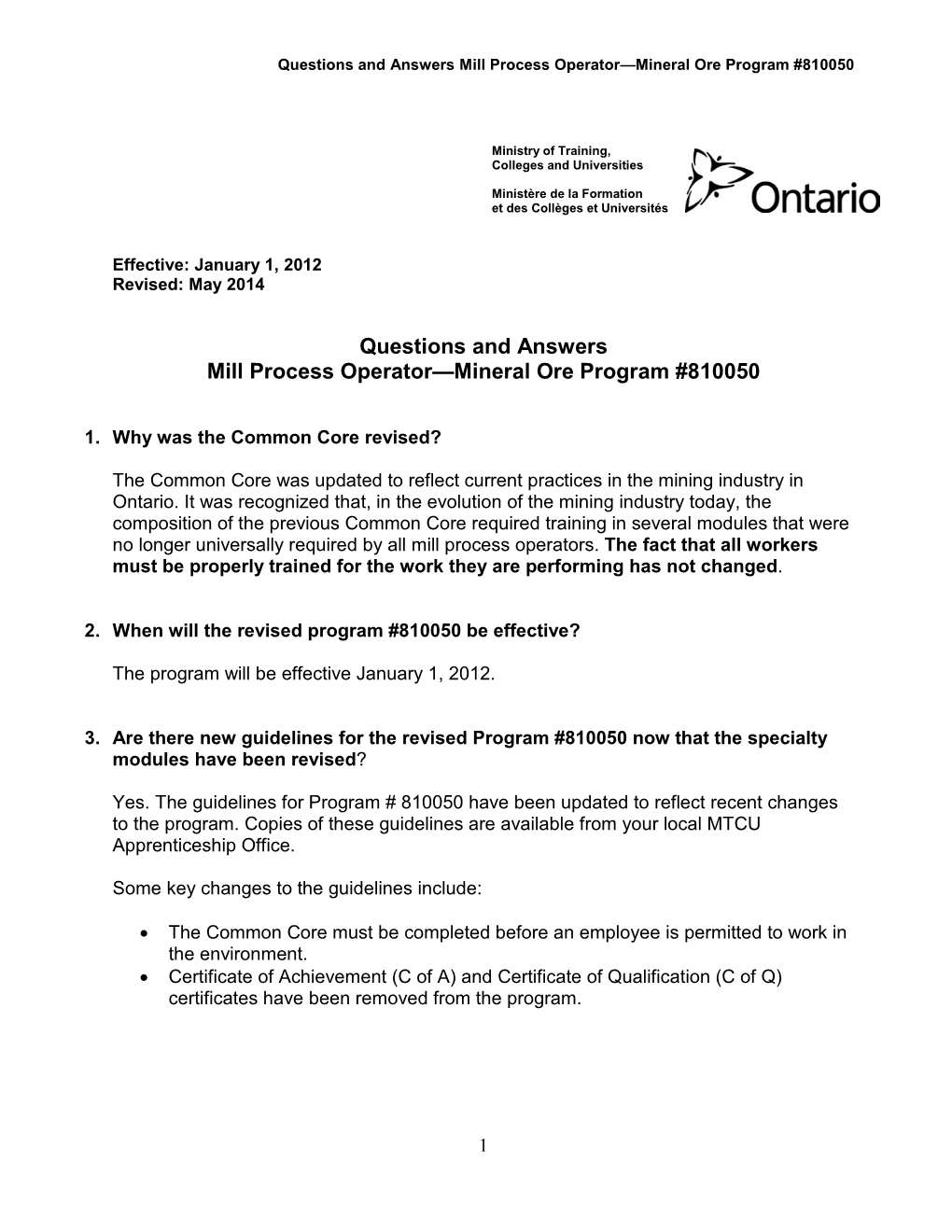 Questions and Answers Mill Process Operator—Mineral Ore Program #810050