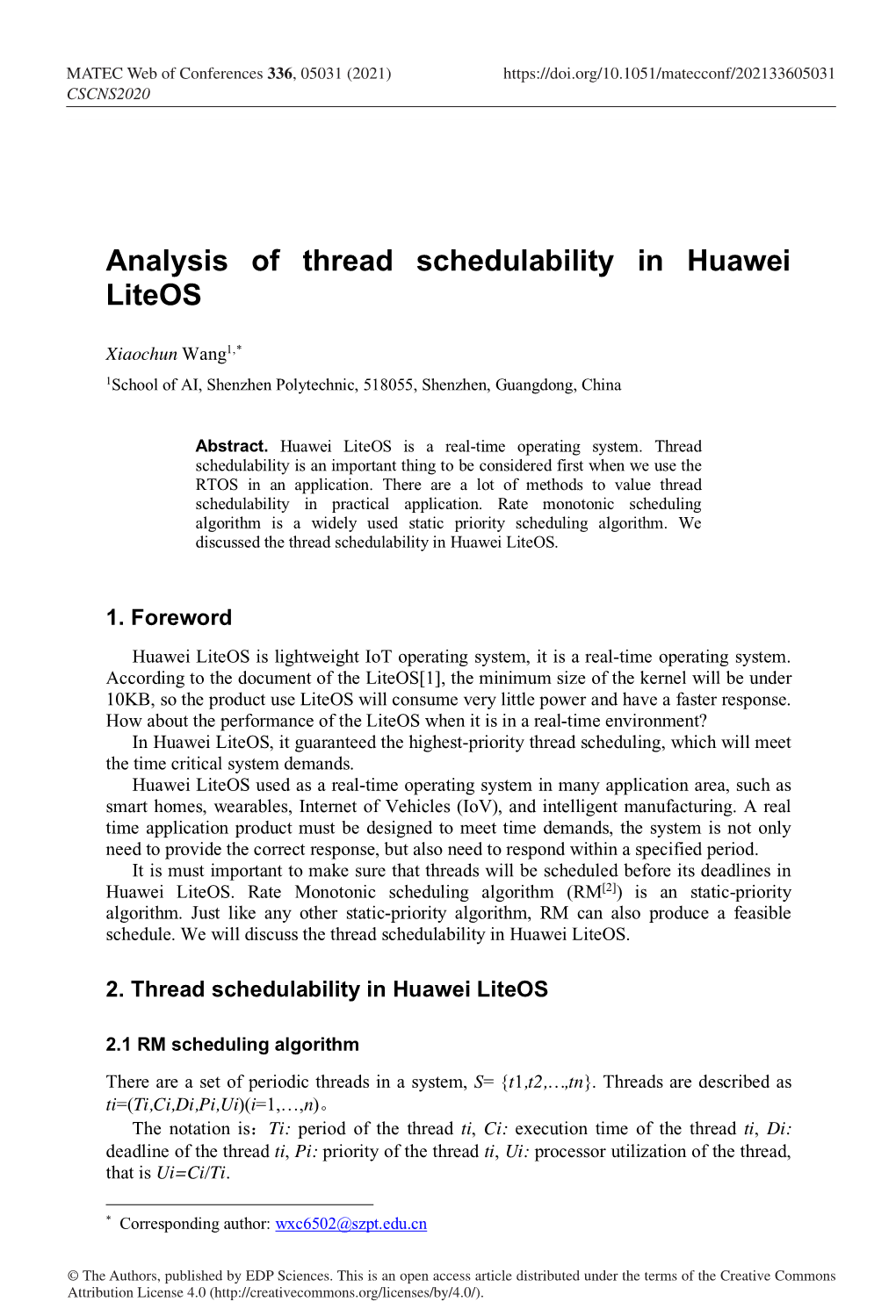 Analysis of Thread Schedulability in Huawei Liteos