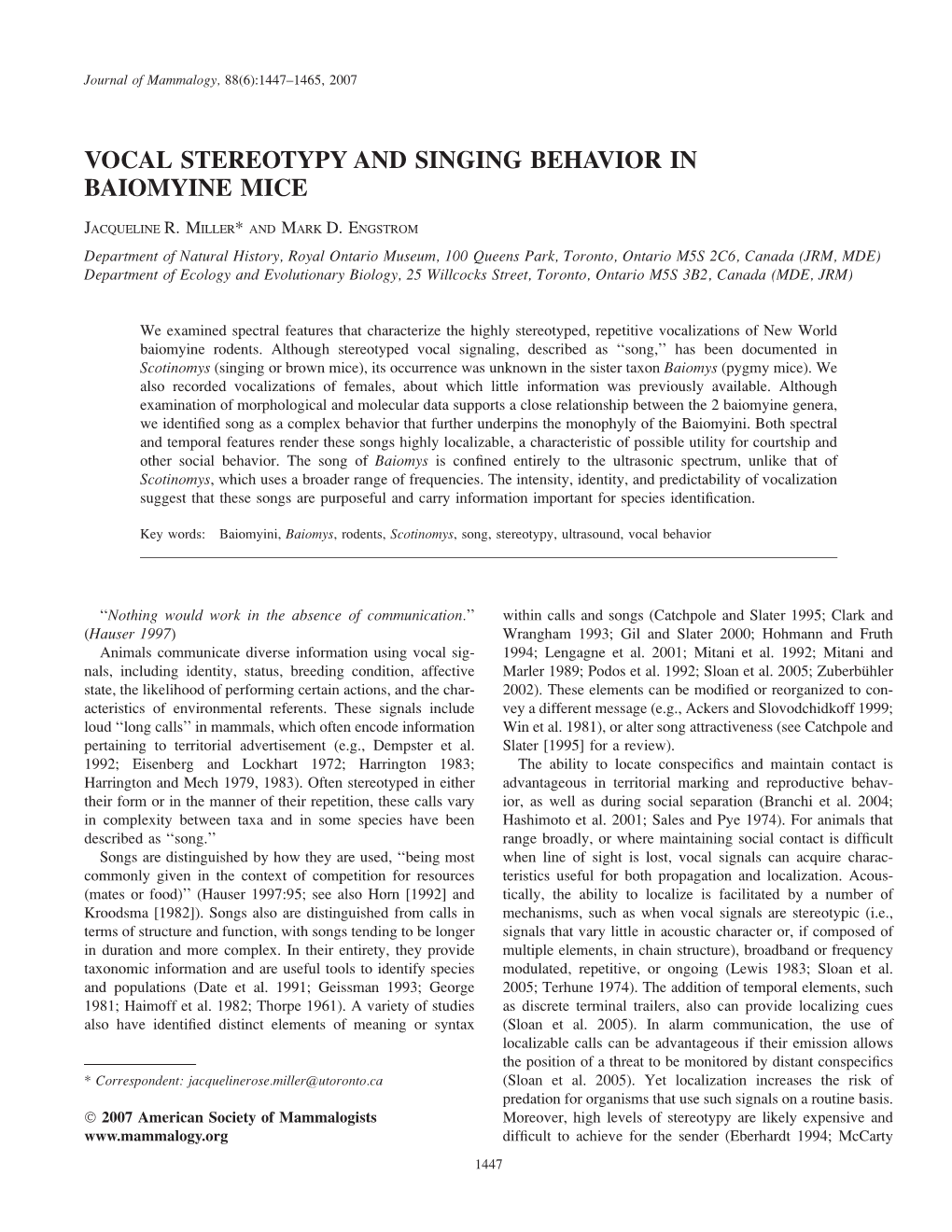 Vocal Stereotypy and Singing Behavior in Baiomyine Mice