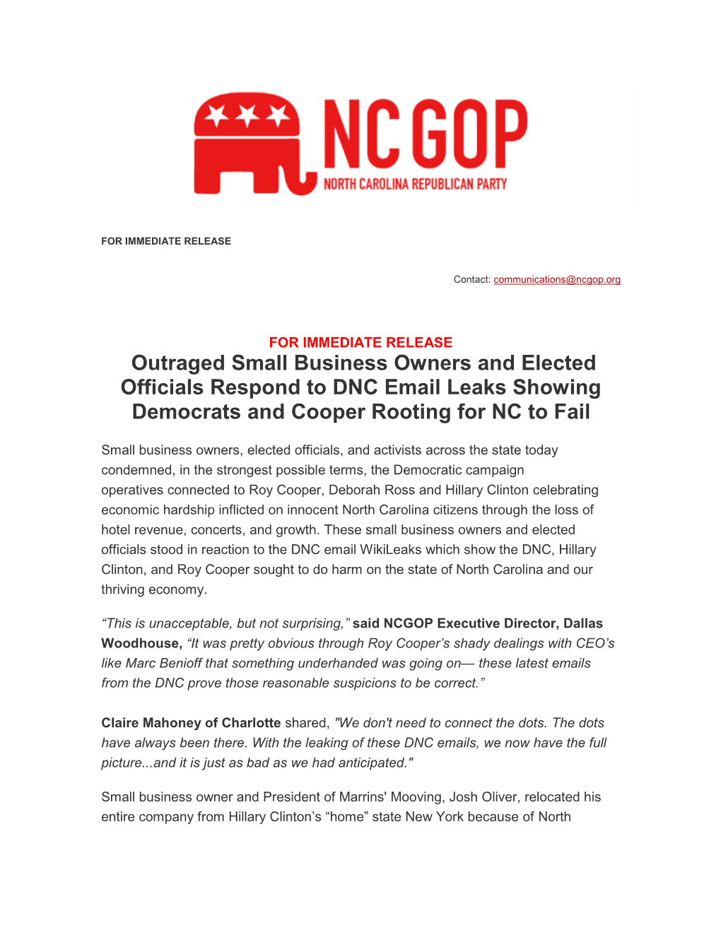 Outraged Small Business Owners and Elected Officials Respond to DNC Email Leaks Showing Democrats and Cooper Rooting for NC to Fail