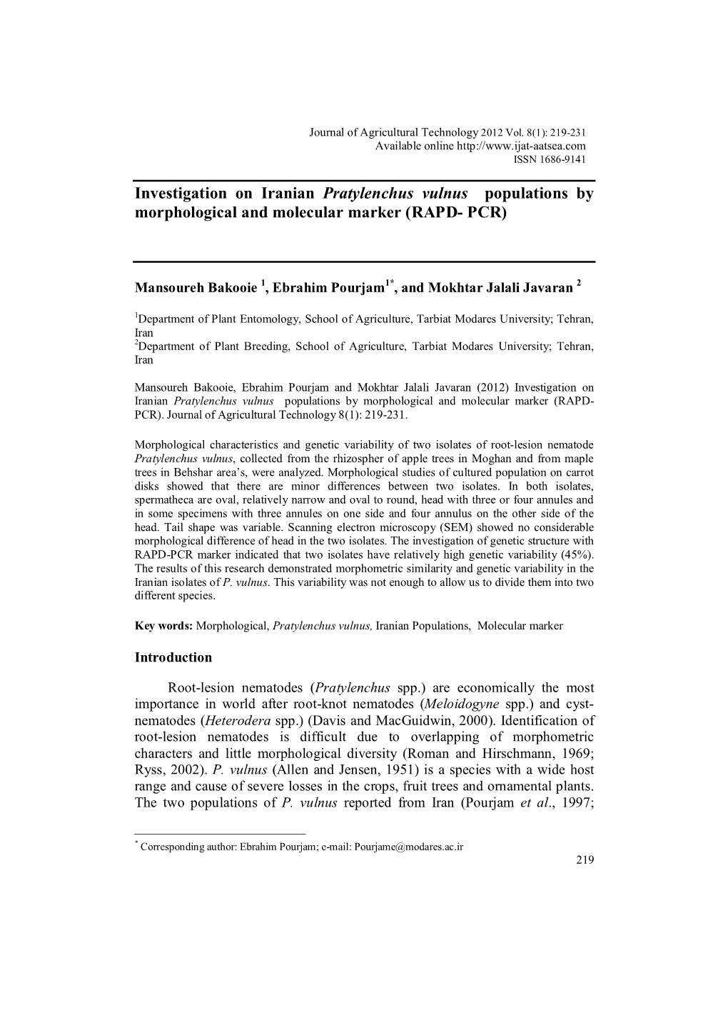 Investigation on Iranian Pratylenchus Vulnus Populations by Morphological and Molecular Marker (RAPD- PCR)