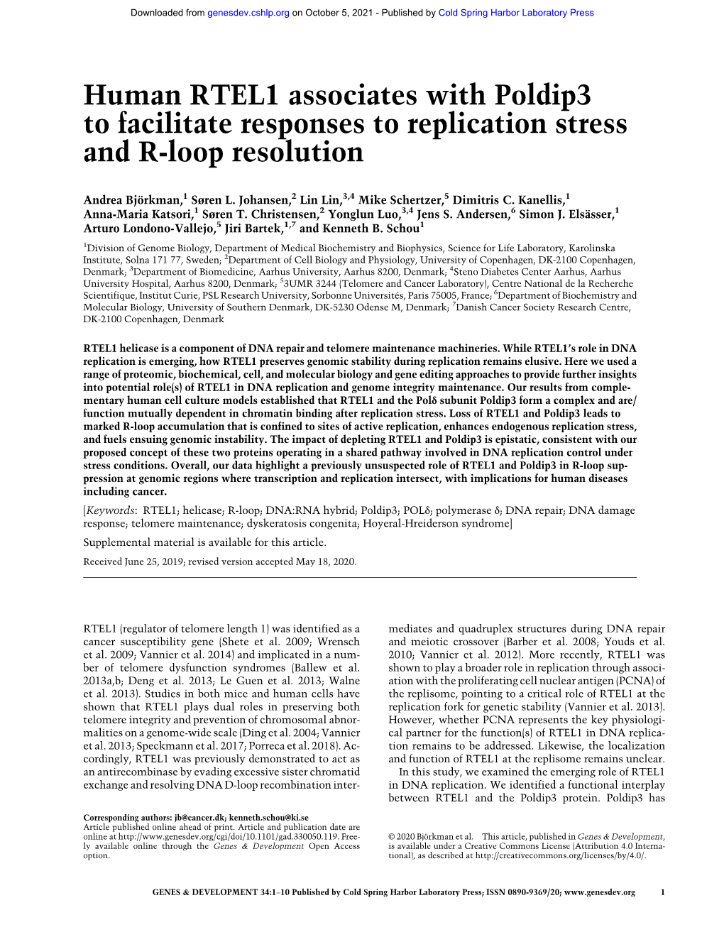 Human RTEL1 Associates with Poldip3 to Facilitate Responses to Replication Stress and R-Loop Resolution