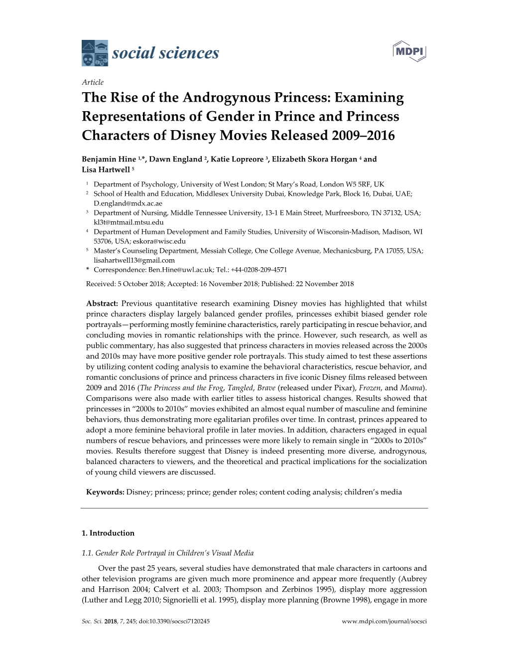 The Rise of the Androgynous Princess: Examining Representations of Gender in Prince and Princess Characters of Disney Movies Released 2009–2016