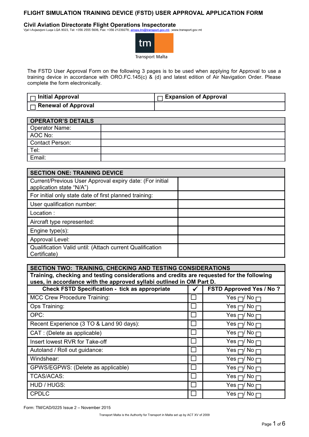 Flight Simulation Training Device (FSTD) Application Form for User Approval