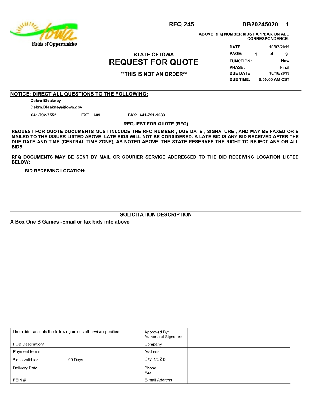 REQUEST for QUOTE FUNCTION: New PHASE: Final **THIS IS NOT an ORDER** DUE DATE: 10/16/2019 DUE TIME: 8:00:00 AM CST