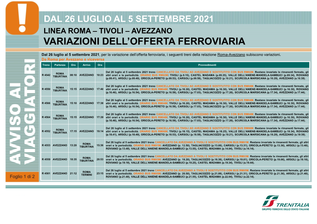 Avezzano Variazioni Dell’Offerta Ferroviaria