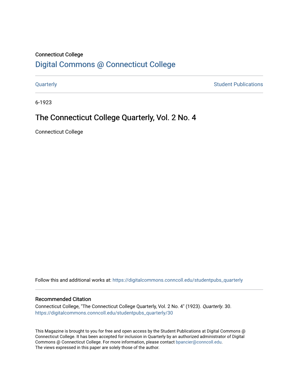 The Connecticut College Quarterly, Vol. 2 No. 4