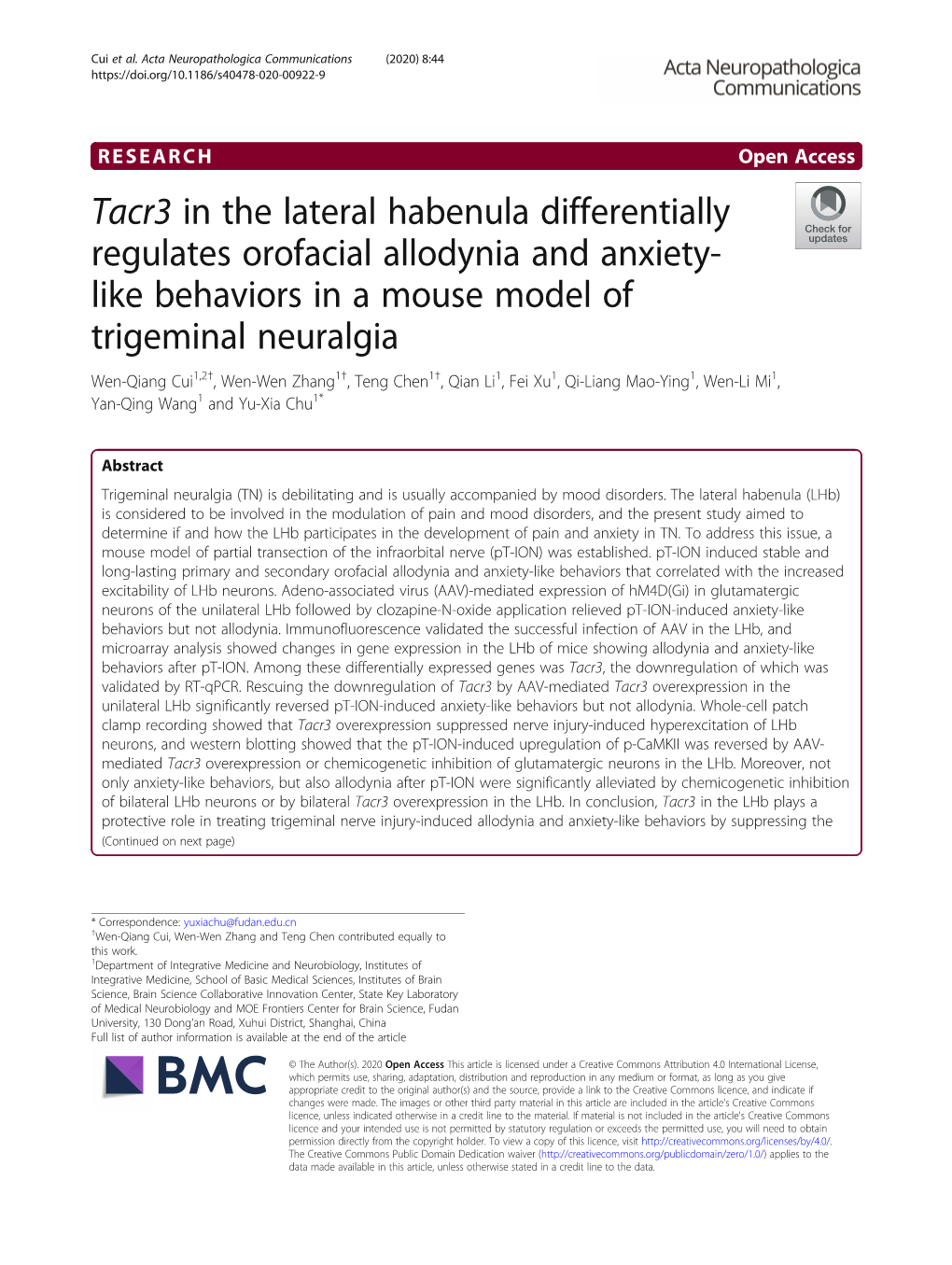 Tacr3 in the Lateral Habenula Differentially Regulates Orofacial Allodynia and Anxiety-Like Behaviors in a Mouse Model of Trigem