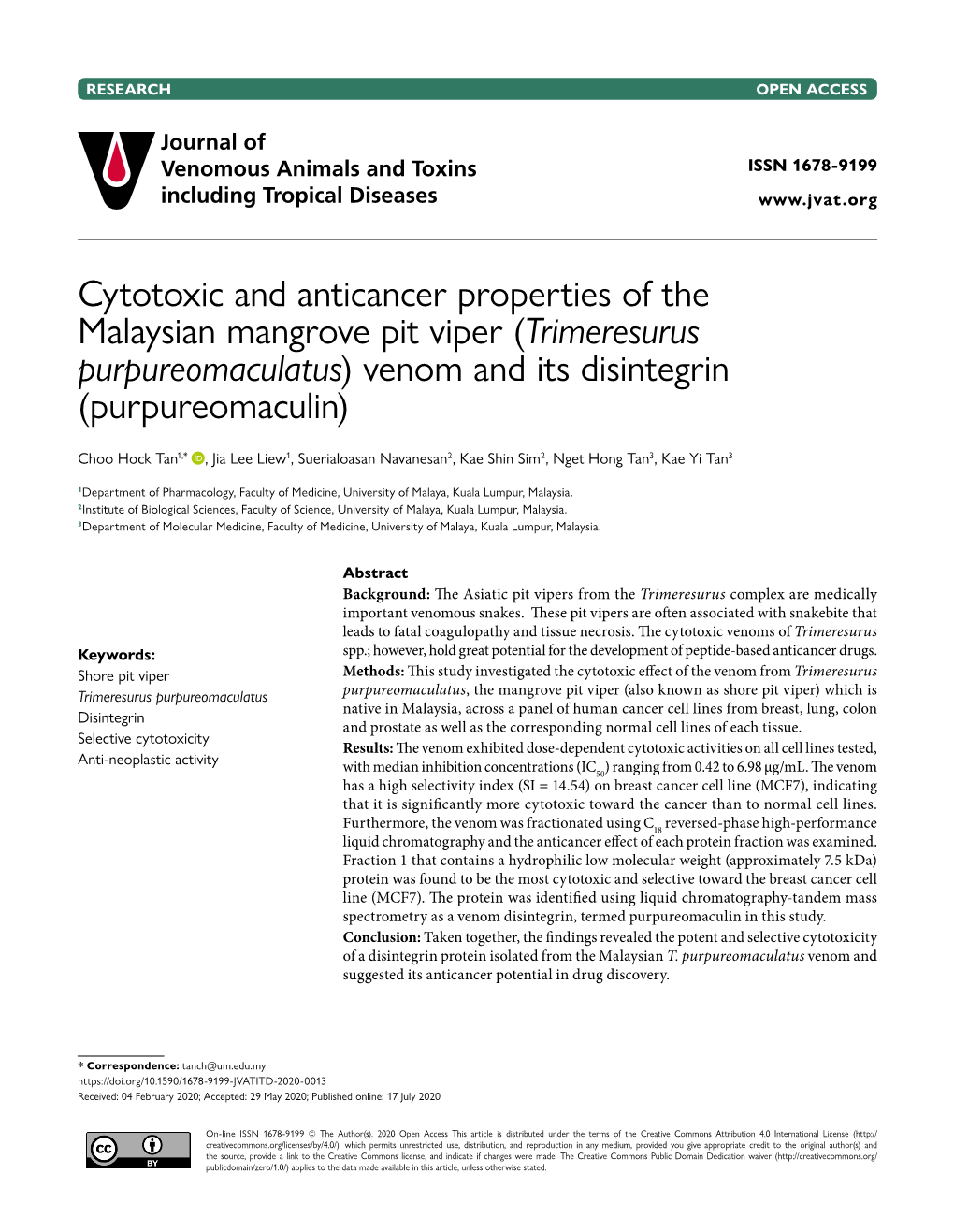 Trimeresurus Purpureomaculatus) Venom and Its Disintegrin (Purpureomaculin