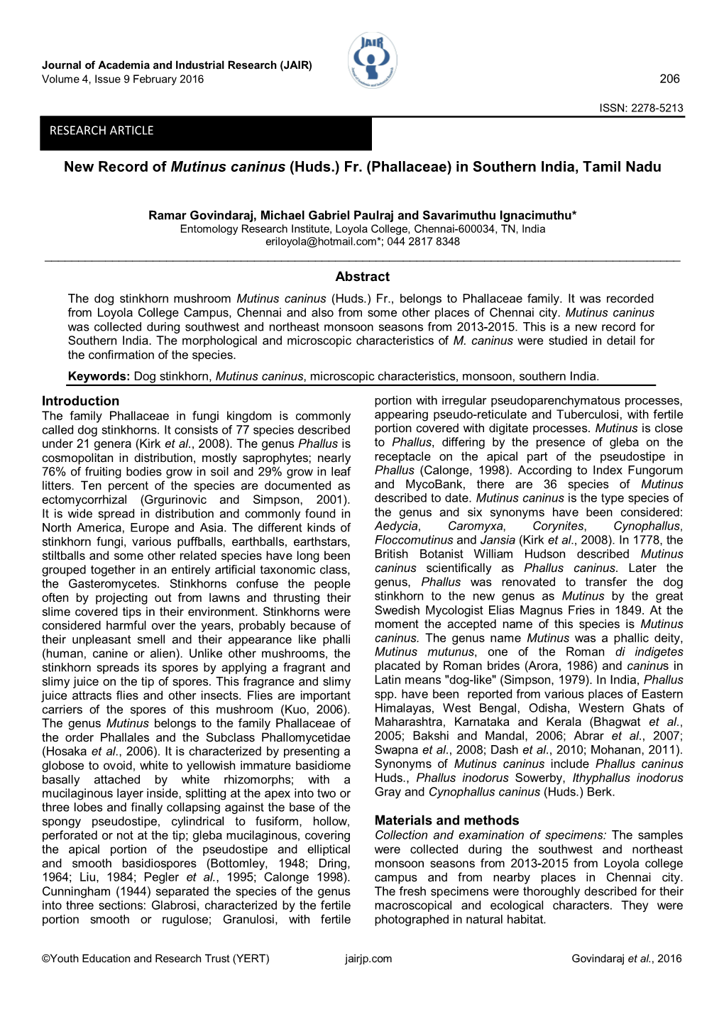 New Record of Mutinus Caninus (Huds.) Fr. (Phallaceae) in Southern India, Tamil Nadu