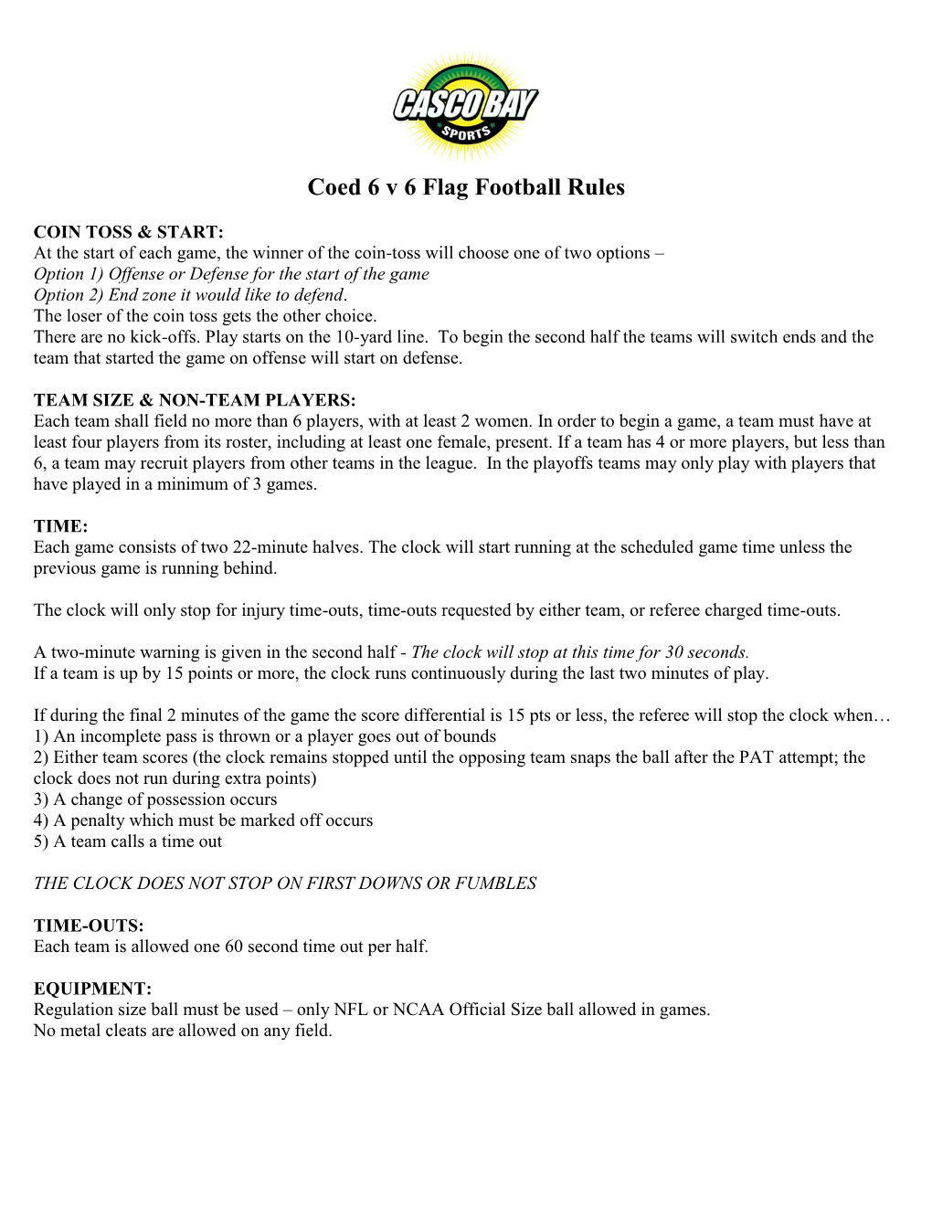 Coed 6 V 6 Flag Football Rules
