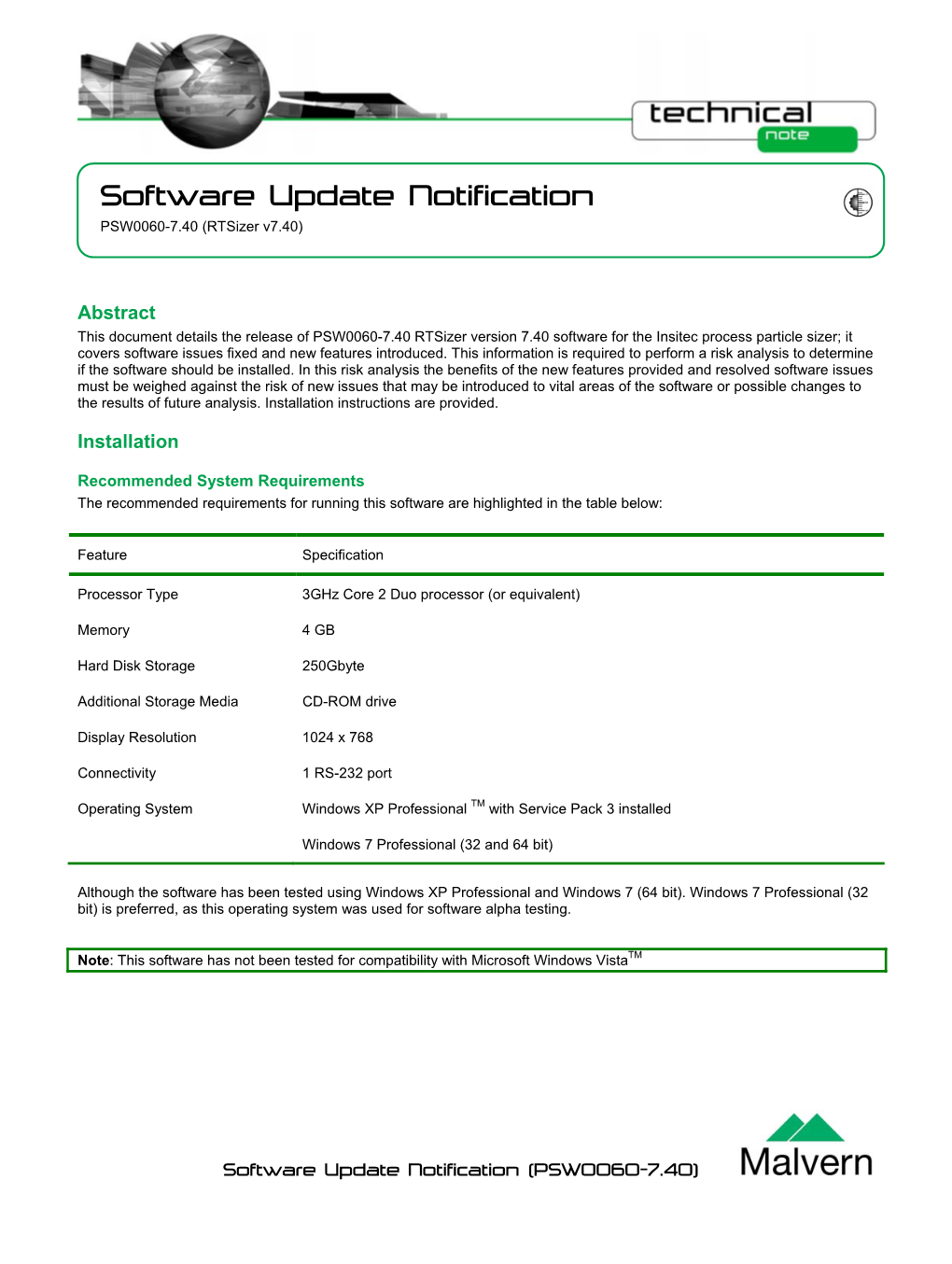 Software Update Notification PSW0060-7.40 (Rtsizer V7.40)