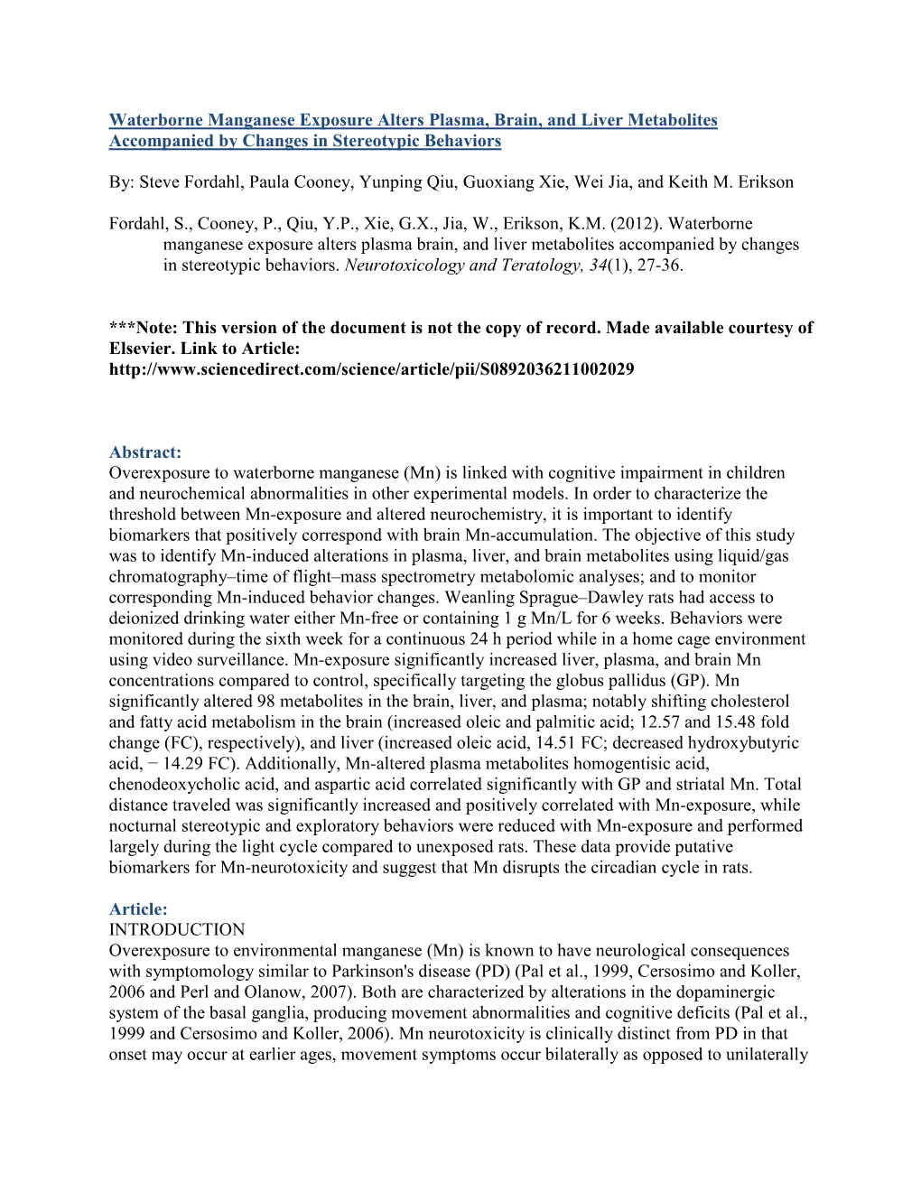 Waterborne Manganese Exposure Alters Plasma, Brain, and Liver Metabolites Accompanied by Changes in Stereotypic Behaviors