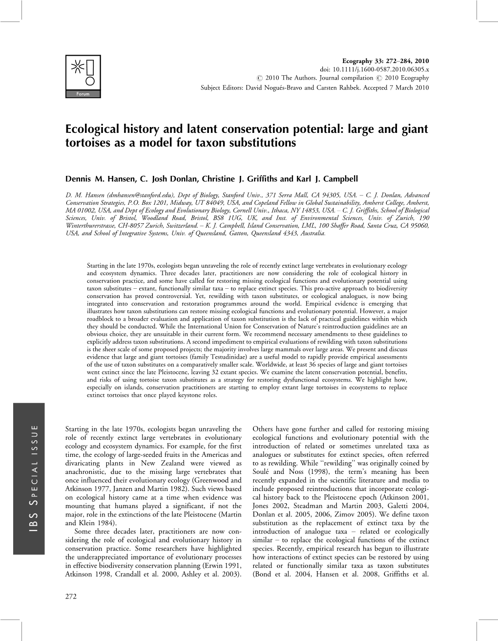 Ecological History and Latent Conservation Potential: Large and Giant Tortoises As a Model for Taxon Substitutions