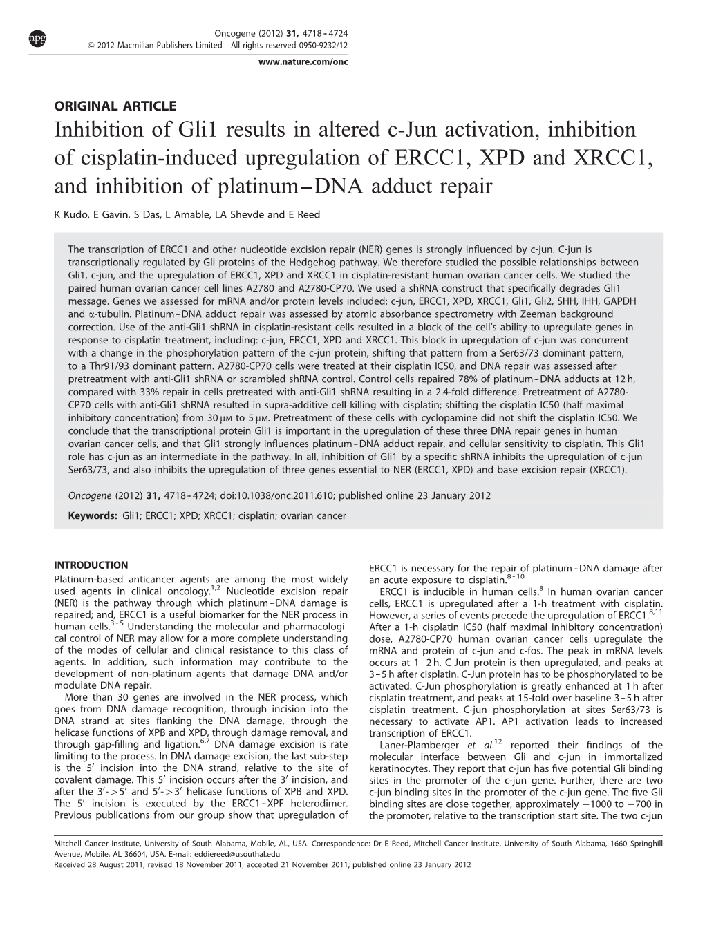 Inhibition of Gli1 Results in Altered C-Jun Activation, Inhibition of Cisplatin-Induced Upregulation of ERCC1, XPD and XRCC1, An