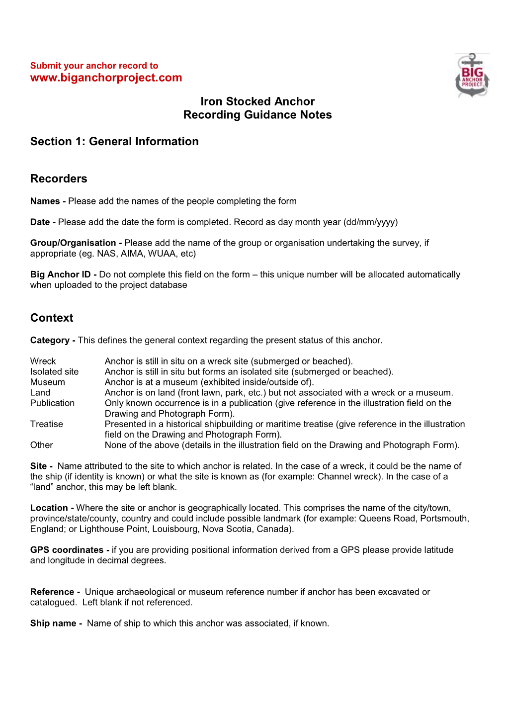 Stocked Anchor Recording Guidance Notes